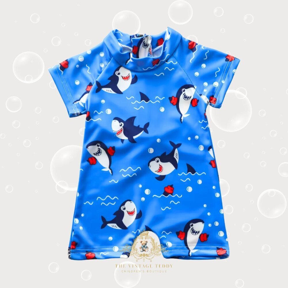 NWT Cute Boys One-Piece Swimsuit Kids Swimwear Boys Beachwear Happy Shark 2-3Y